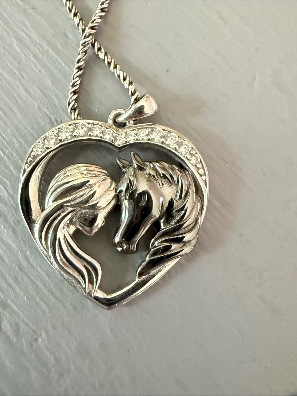 925 Sterling Silver Lady & Horse Heart Pendant &  rope Necklace